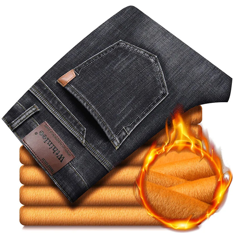 Winter Fleece Warm Straight Stretch Thermal Warm Flannel Work Denim Trousers Male Brand Clothing Men's Business Fashion Jeans