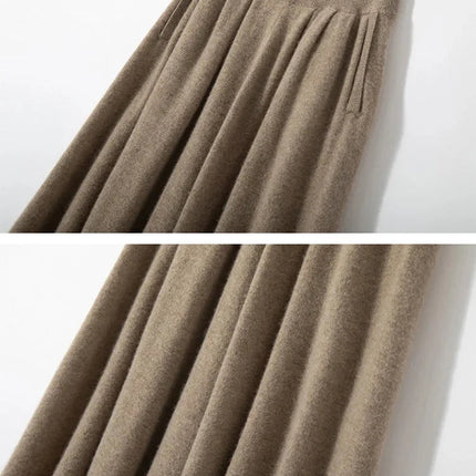Classic Autumn Winter Wave Skirt 100% Cashmere Skirt Women A-Line Skirt Female Double Elastic Waist Pocket Warm Knit Long Dress PlatiNum