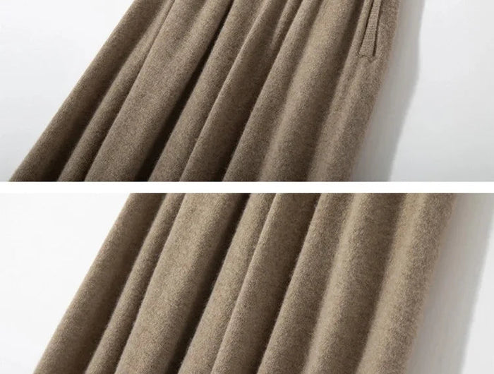 Classic Autumn Winter Wave Skirt 100% Cashmere Skirt Women A-Line Skirt Female Double Elastic Waist Pocket Warm Knit Long Dress PlatiNum