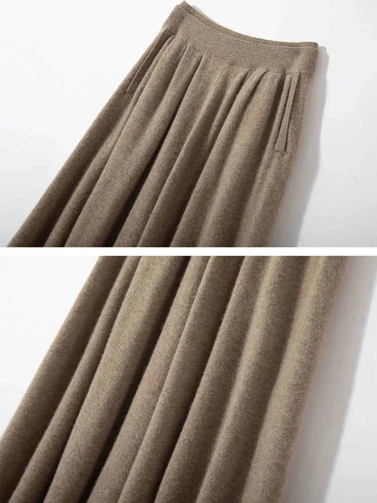 Classic Autumn Winter Wave Skirt 100% Cashmere Skirt Women A-Line Skirt Female Double Elastic Waist Pocket Warm Knit Long Dress PlatiNum