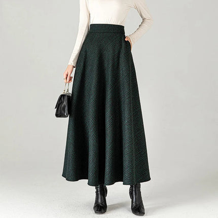 New Women Woolen Plaid Skirt Autumn Winter Fashion Elastic High Waist A-Line Wool Blended Long Skirt Simplicity Vintage Skirt PlatiNum