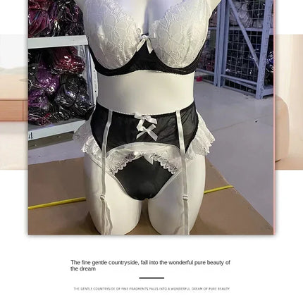 Pink See Through Lace Bra Panties with Garter Set Women's Sexy Lingerie Set Underwear Erotic Porn Costume Babydoll