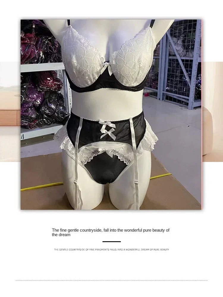 Pink See Through Lace Bra Panties with Garter Set Women's Sexy Lingerie Set Underwear Erotic Porn Costume Babydoll