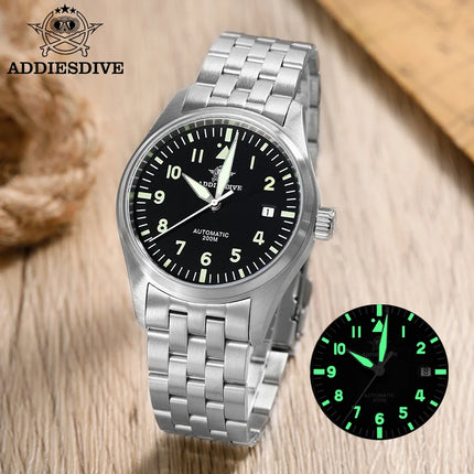 ADDIESDIVE Classic Men's watch Sapphire Automatic 8215 Stainless Steel Pilot watch Leather Luminous 200m Diving Dress Watch New