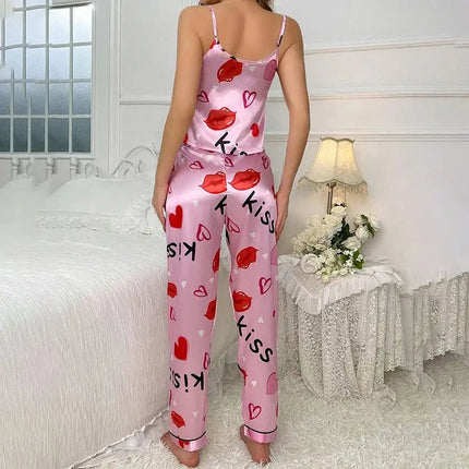 Pigiama floreale in raso da donna con top con cinturino per spaghetti e pantaloni lunghi Indumenti da notte 2 pezzi senza maniche Abbigliamento per la casa Pigiama platinumshop