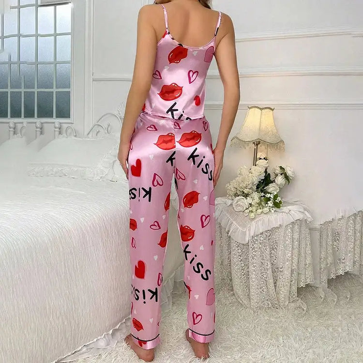 Pigiama floreale in raso da donna con top con cinturino per spaghetti e pantaloni lunghi Indumenti da notte 2 pezzi senza maniche Abbigliamento per la casa Pigiama platinumshop
