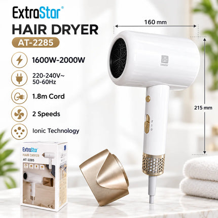 ExtraStar AT-2285 Ionic Hair Dryer 1600W-2000W 220-240V 2 Speed Hair Blower with Concentrator Nozzle 1.8m Cord