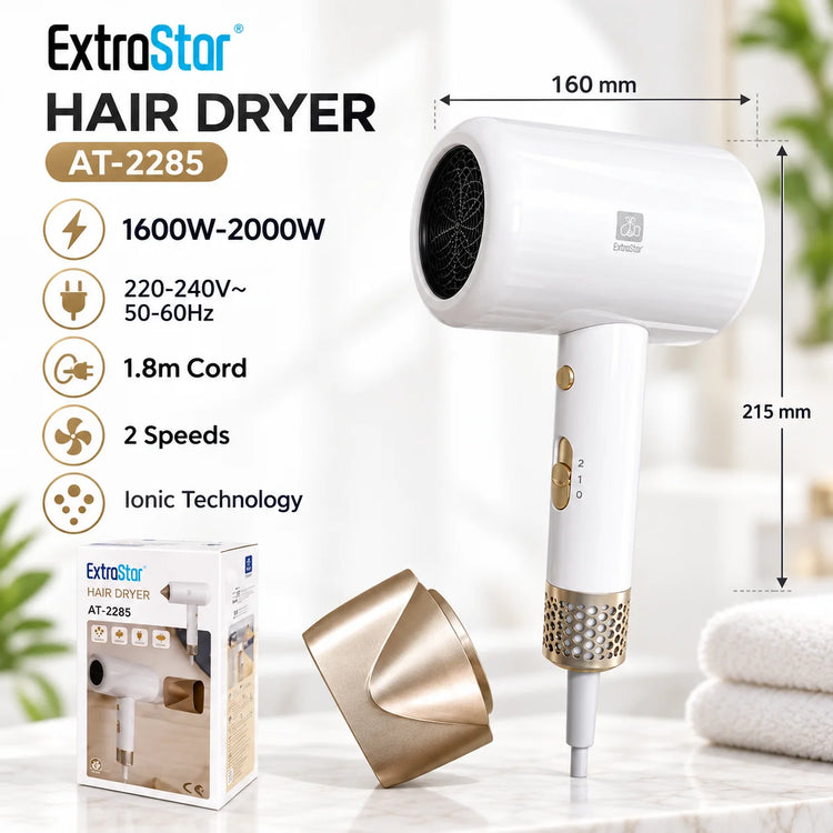 ExtraStar AT-2285 Ionic Hair Dryer 1600W-2000W 220-240V 2 Speed Hair Blower with Concentrator Nozzle 1.8m Cord