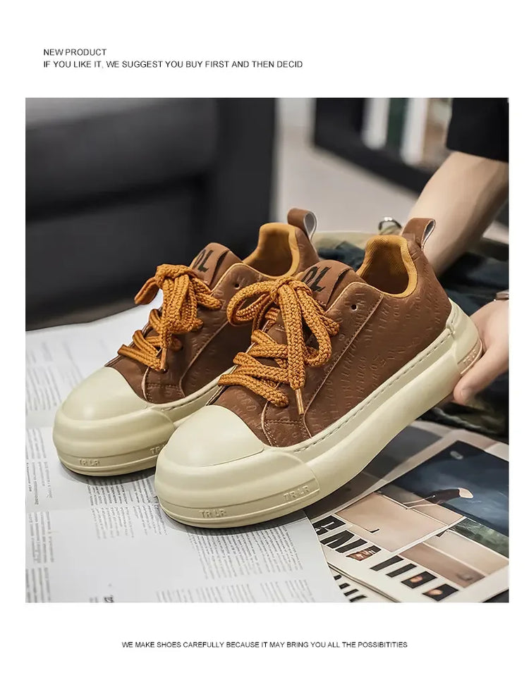 Toe Thick Sole Platform Men Sneakers Lace Up Patchwork Fashion New Trend Casual Trainer Shoes Thick Bottomed All Season