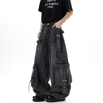 IEFB Jeans da uomo stile americano tinta unita multi tasche pantaloni casual usurati decostruzione pantaloni in denim a gamba larga 9W4066