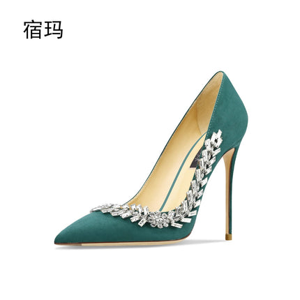 Scarpe da donna di lusso 2024 nuove pompe da donna in cristallo nero scamosciato scarpe a punta con strass tacchi alti moda Stiletto luxury Party Wo platinumshop