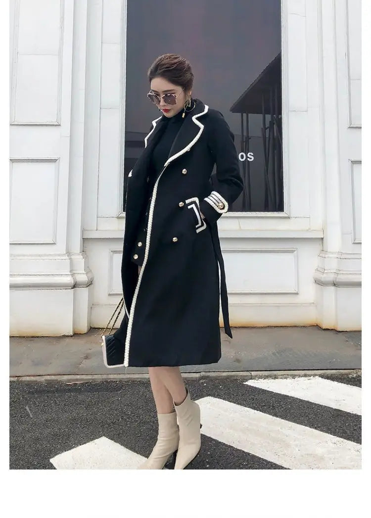 Women White Long Woolen Coat Autumn Winter British Hepburn Style Thicken Slim Double-Breasted Woolen Coat New Women Outwear