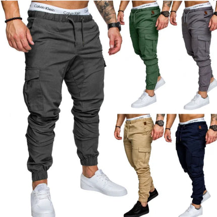 Men High Elastic Cargo Pants Summer Lace Up Drawstring Pocket Harem Stretch Full Trousers BSD-8811