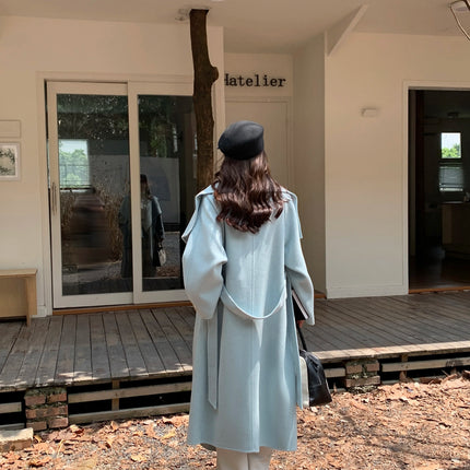 High-end Women Double-sided Wool Long Coat Warm Baby Blue Lapel Loose Double Breasted Wool Coat Female Fashion Autumn Winter