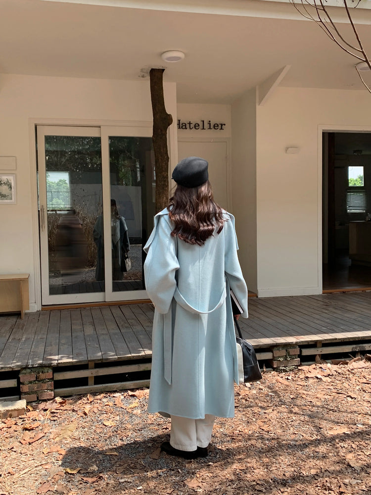 High-end Women Double-sided Wool Long Coat Warm Baby Blue Lapel Loose Double Breasted Wool Coat Female Fashion Autumn Winter