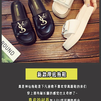 2025 Summer New Women's Fashion Letter Designer Sandals Casual Thick Bottom Round Toe Leather Beach Shoes Женские Сандалии PlatiNum