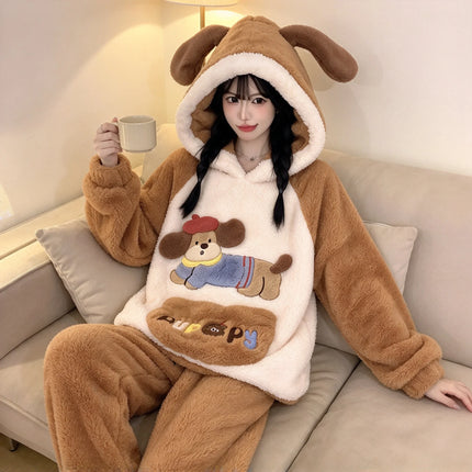 Winter New Women's Warm Pajamas Cartoon Hooded Sleepwear Suit Women's Coral Fleece Pyjamas Set Thickened Thermal Homewear M-4XL