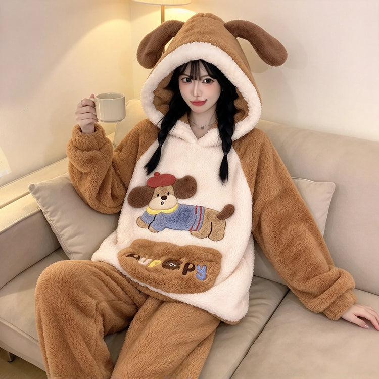 Winter New Women's Warm Pajamas Cartoon Hooded Sleepwear Suit Women's Coral Fleece Pyjamas Set Thickened Thermal Homewear M-4XL