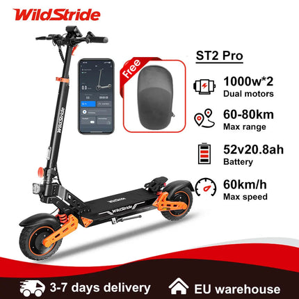 Monopattino Elettrico Wildstride ST2 Pro, Doppio Motore 1000W*2, Velocità 60km/h, Batteria 52V 20.8AH, Pneumatici Fuoristrada da 10'', Pieghevole per Adulti platinumshop