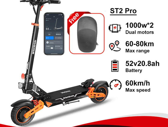 Monopattino Elettrico Wildstride ST2 Pro, Doppio Motore 1000W*2, Velocità 60km/h, Batteria 52V 20.8AH, Pneumatici Fuoristrada da 10'', Pieghevole per Adulti platinumshop