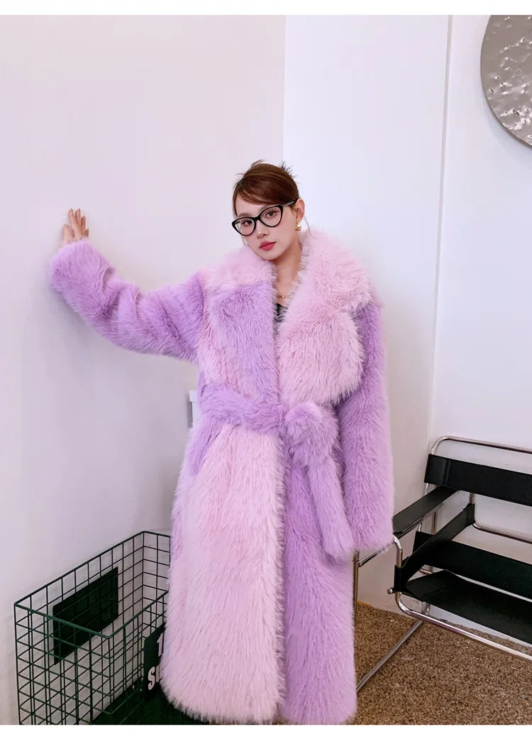 ZADORIN New Spliced Oversize Belted Long Faux Fur Coat Woman Winter Clothes Furry Jacket Fur Faux Coat New in Coats & Jackets
