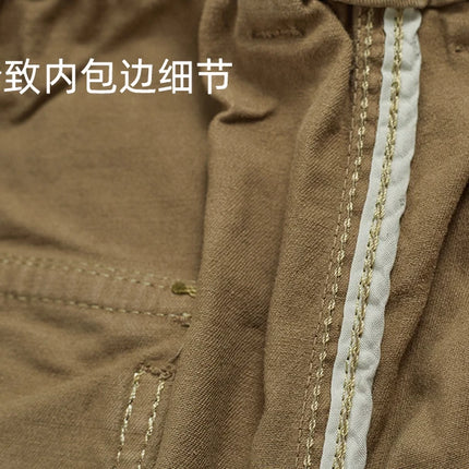 Autumn New American Retro Woven Cargo Pants Men's 97.5% Cotton Washed Elastic Waist Drawstring Loose Casual Anke-tied Trousers