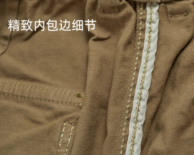 Autumn New American Retro Woven Cargo Pants Men's 97.5% Cotton Washed Elastic Waist Drawstring Loose Casual Anke-tied Trousers