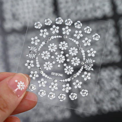 30sheets White Flower Nail Art Stickers 3D Rhinestones Floral Nail Decals 5.5*6.5cm Self Adhesive White Flower Nail Decorations