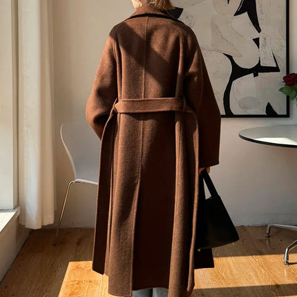 Korean Fashion Dark Gray Stand Collar 100%Wool Coat Women Long Winter Jacket