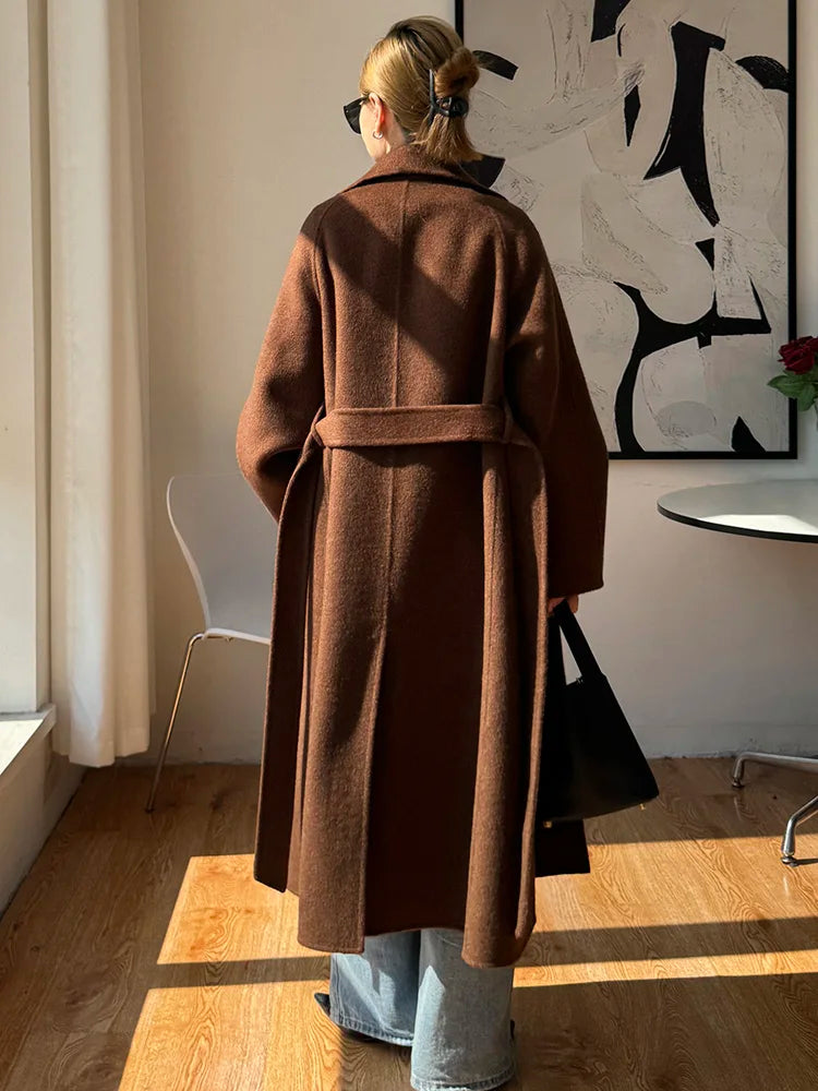 Korean Fashion Dark Gray Stand Collar 100%Wool Coat Women Long Winter Jacket