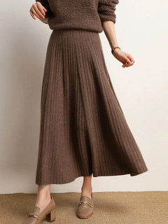 Damen A-Linie Plissierter Rock Kaschmir Hohe Taille Herbst Winter Großer Schirmrock 100% Kaschmir Strick Büro Damen Freizeitkleid