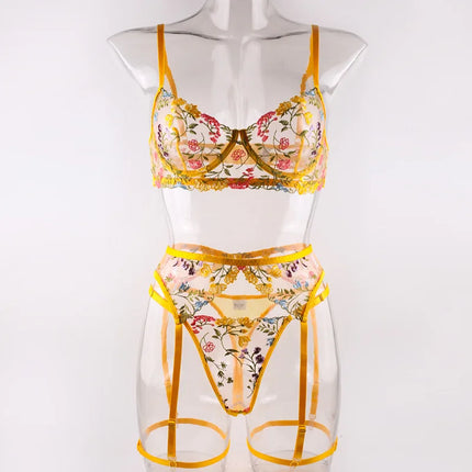Krasapt Sexy Lace Embroidery 3-Piece Sets Transparent Sensual Fancy Beautiful Bra Brief Set Attractive Intimate Bilizna Outfits