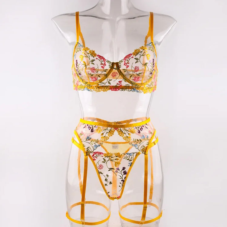 Krasapt Sexy Lace Embroidery 3-Piece Sets Transparent Sensual Fancy Beautiful Bra Brief Set Attractive Intimate Bilizna Outfits