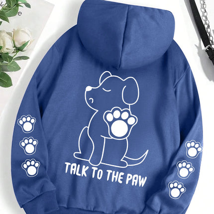Talk To The Paw Funny Dog Cartoon Print Hoodie Women Warm Fleece Hoody Fashion Casual Hooded Autumn Loose Round Neck Woman Tops
