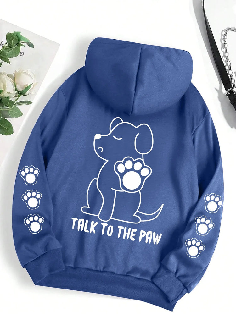 Talk To The Paw Funny Dog Cartoon Print Hoodie Women Warm Fleece Hoody Fashion Casual Hooded Autumn Loose Round Neck Woman Tops