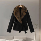 Shawl Faux Fur Women Coat Full Sleeve Woolen Lady Jacket 2025 Fashion Autumn Winter Lace Up Belted Waist Female Loose Outwears
