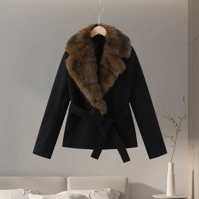 Shawl Faux Fur Women Coat Full Sleeve Woolen Lady Jacket 2025 Fashion Autumn Winter Lace Up Belted Waist Female Loose Outwears