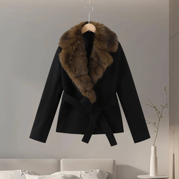 Shawl Faux Fur Women Coat Full Sleeve Woolen Lady Jacket 2025 Fashion Autumn Winter Lace Up Belted Waist Female Loose Outwears