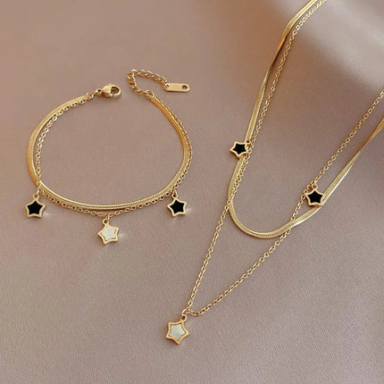 316L Stainless Steel Multilayer Chain Star Charm Necklace Bracelet For Women New Trend Jewelry Set Girls Party Gifts PlatiNum