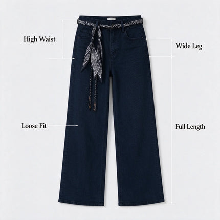Women's Dark Blue Wide Leg Jeans, High Waist with Decorative Scarf Band, Comfortable Denim Urban Casual Style, All-Season Pants，Fx1338-7