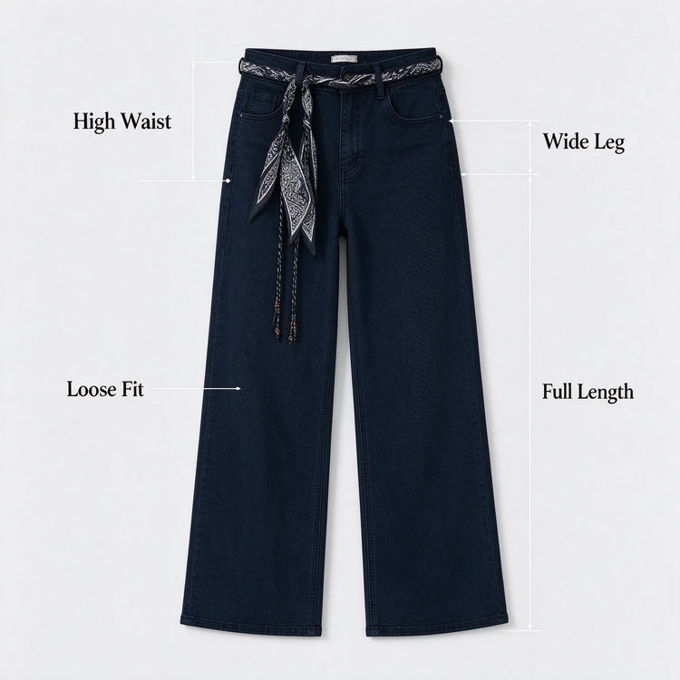 Women's Dark Blue Wide Leg Jeans, High Waist with Decorative Scarf Band, Comfortable Denim Urban Casual Style, All-Season Pants，Fx1338-7