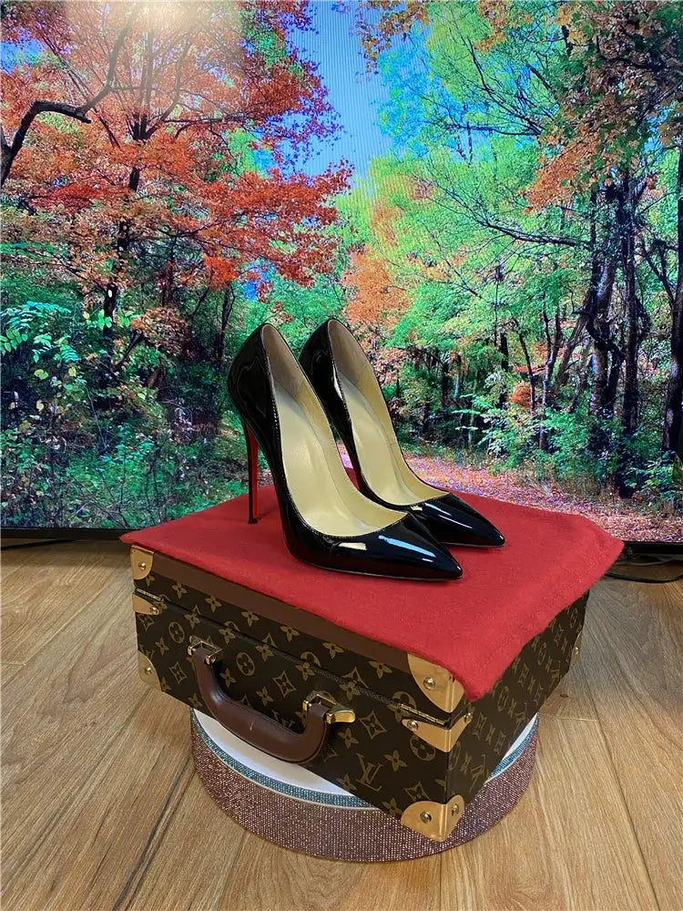 Tacchi altissimi personalizzati multicolori da 12 cm, pelle verniciata bianca nuda, suola rossa sexy, scarpe sottili a punta per ordine singolo platinumshop