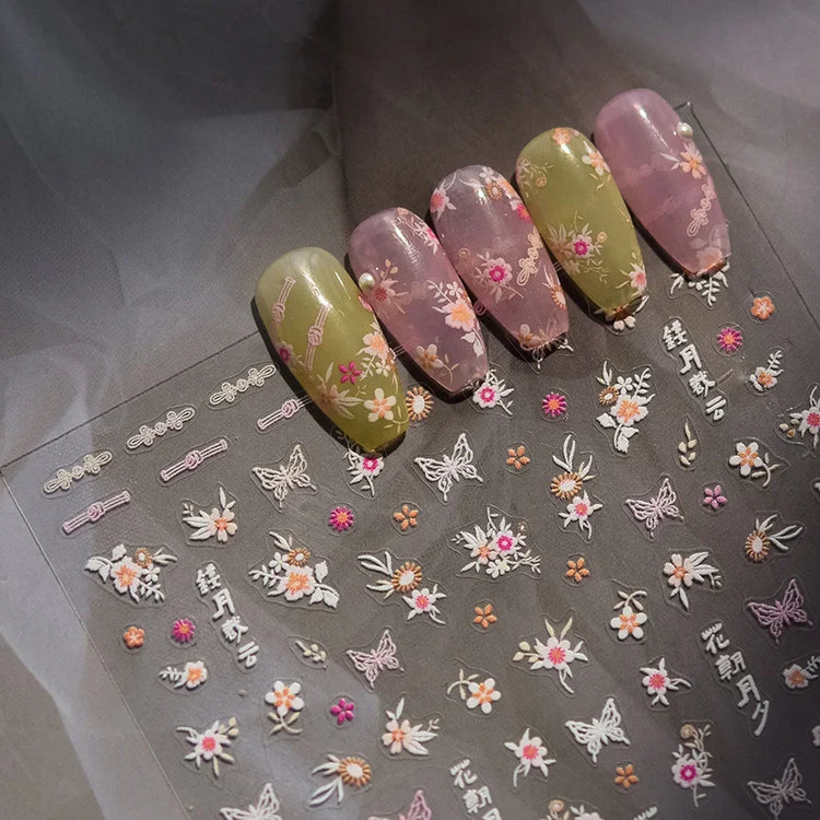 5D Kawaii Lily Nail Art Stickers 1pcs Japanese Pink White Flower With Diamond Self Adhesive Nail Decorations Slider Decals DIY
