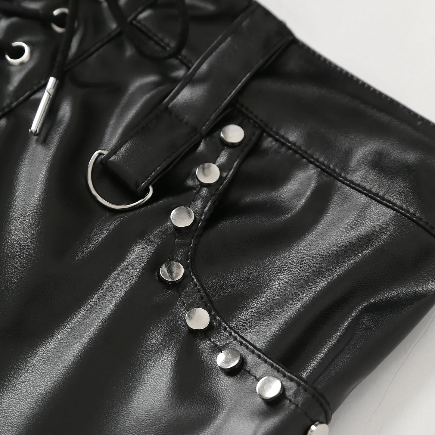 Womens Sexy Tight Fitting Hot Pants Lace-up Pockets Hot Minipants PU Leather Rivets Rave Shorts Wet Look Rave Bar Club Wear