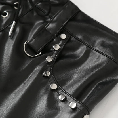 Womens Sexy Tight Fitting Hot Pants Lace-up Pockets Hot Minipants PU Leather Rivets Rave Shorts Wet Look Rave Bar Club Wear