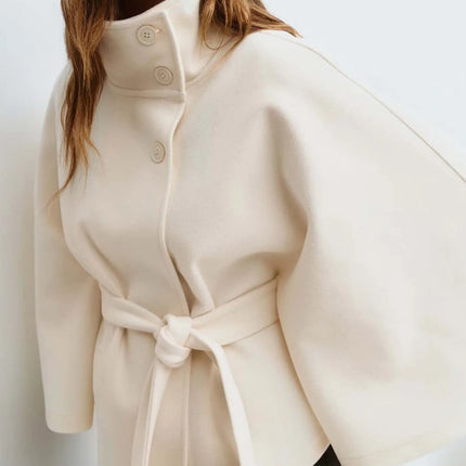 Women Lace Up High Neck Jackets for Women with Belt Elegant Windbreaker Faux Wool Blends Cape Korean Solid Windbreaker Cloak