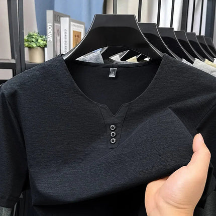 2025 New Men's Business Casual Three Button V-neck Short Sleeved T-shirt Korean Style Summer Comfortable Versatile Top PlatiNum