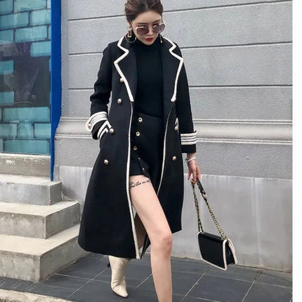 Women White Long Woolen Coat Autumn Winter British Hepburn Style Thicken Slim Double-Breasted Woolen Coat New Women Outwear
