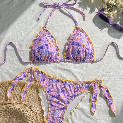 Nuovo Set Bikini Donna Estivo con Stampa Floreale Arancione, Halter con Volant, Push-Up e Perizoma con Laccetti Laterali PlatiNum