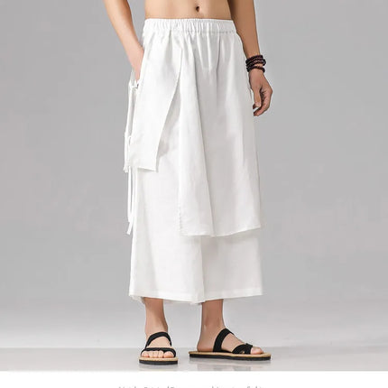 Pantaloni da uomo irregolari in cotone e lino, stile Harajuku, a gamba larga, tinta unita, casual, con elastico in vita, vestibilità ampia, stile punk